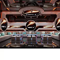 Luxury Modern KTV Lounge Interior With Blue Lighting Circular Decor And Sofa Area