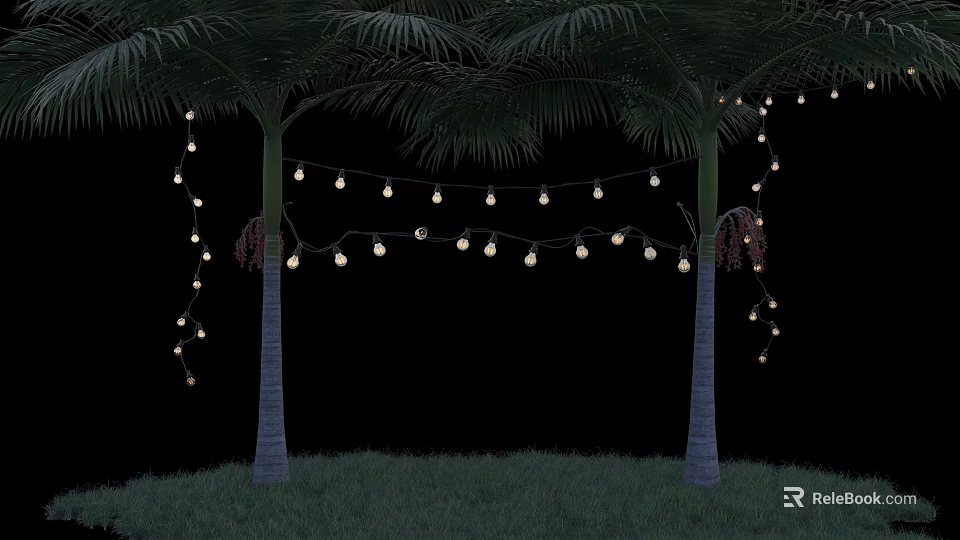 Outdoor Decorative Lights Hanging Between Palm Trees Over Night Grass 3d model 