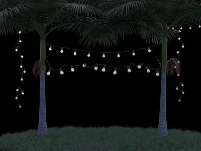 Outdoor Decorative Lights Hanging Between Palm Trees Over Night Grass 3d model