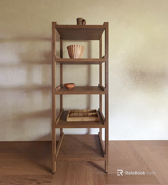 Natural Wooden Storage Shelf With Woven Basket Small Bowl And Stacked Books For Home Decor 3d model 