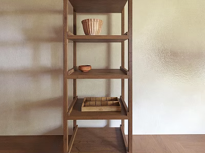 Natural Wooden Storage Shelf With Woven Basket Small Bowl And Stacked Books For Home Decor 3d model