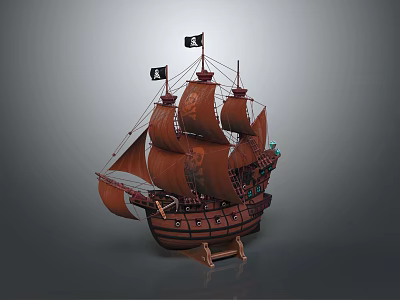 Detailed Wooden Ship Model With Brown Hull And Sails Black Flags And Wooden Stand 3d model