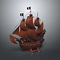 Detailed Wooden Ship Model With Brown Hull And Sails Black Flags And Wooden Stand