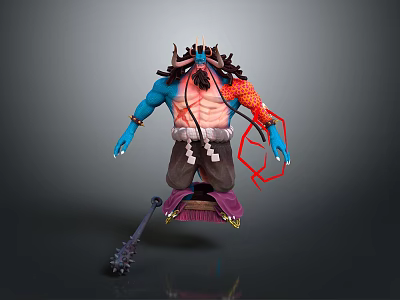Horned Blue Skinned Game Movie Character With Muscular Body Red Ornaments And Spiked Weapon 3d model