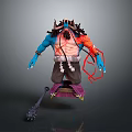 Horned Blue Skinned Game Movie Character With Muscular Body Red Ornaments And Spiked Weapon