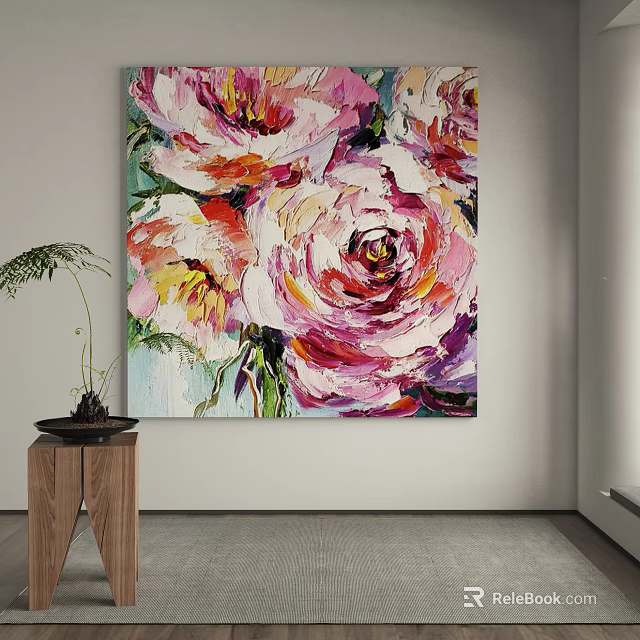Vibrant Abstract Floral Painting With Pink Red Roses And Brushstroke Details For Home Decor 3d model 