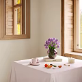 Ornamental Decor Set With Purple Flowers Vase Pink Cup Fruits White Tablecloth By Wooden Window