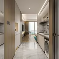 Hotel Guest Room with Large Bed Open Kitchen Marble Countertop Living Area and Modern Design