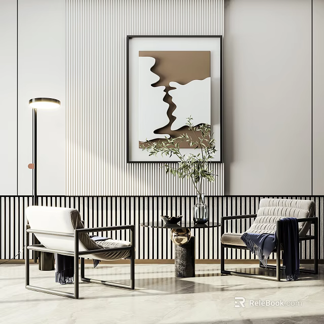 Modern Leisure Sofa Set With Wall Art Floor Lamp And Potted Plant In Living Room 3d model 