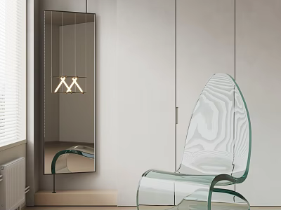 Modern Transparent Acrylic Chair In Minimalist Room With Mirror And Chandelier 3d model