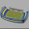 Modern Stadium Design With Blue Yellow Seats And Green Grass Field