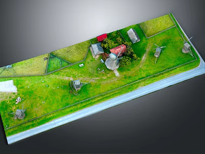 Cartoon Countryside Scene with Green Grass Small Houses Windmills Path and White Fence 3d model