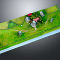 Cartoon Countryside Scene with Green Grass Small Houses Windmills Path and White Fence