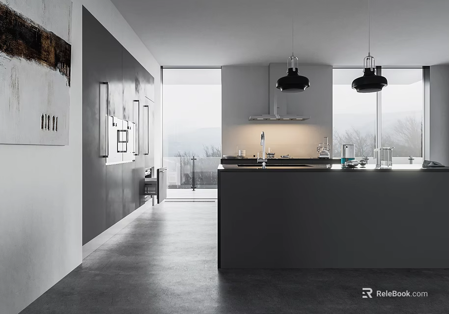 Modern Open Kitchen Interior Design With Island Counter Pendant Lights And Cabinets 3d model 