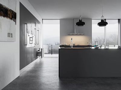 Modern Open Kitchen Interior Design With Island Counter Pendant Lights And Cabinets 3d model