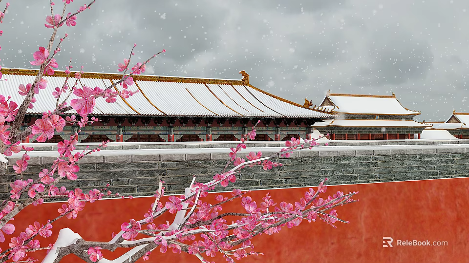 Pink Plum Blossoms By Red Wall With Snow Covered Ancient Rooftops Under Gray Sky 3d model 