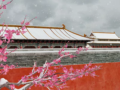 Pink Plum Blossoms By Red Wall With Snow Covered Ancient Rooftops Under Gray Sky 3d model