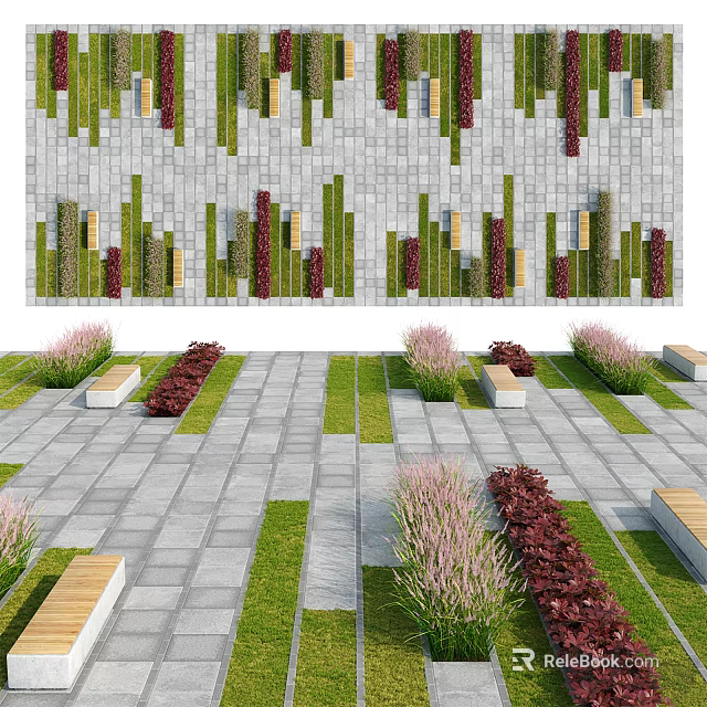 Landscape Seats in Outdoor Garden with Paved Ground and Diverse Green Plants 3d model 