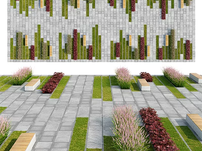 Landscape Seats in Outdoor Garden with Paved Ground and Diverse Green Plants 3d model