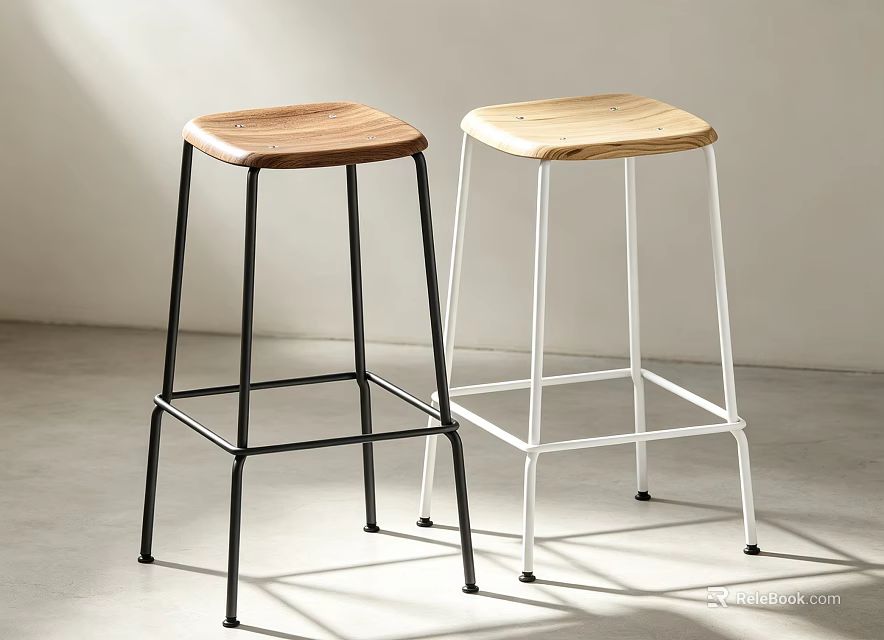 Modern Industrial Bar Stools With Natural Solid Wood Seat And Sturdy Metal Legs For Home 3d model 