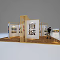 Exhibition Booth With Wooden Frame Display Panels Artworks And Visitors