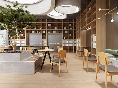 Modern Cafe Interior Featuring Wooden Tables And Chairs Bookshelves And Indoor Tree 3d model
