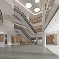 Hospital Outpatient Clinic Spacious Lobby With Multi Level Escalators Round Lights Columns And Plants