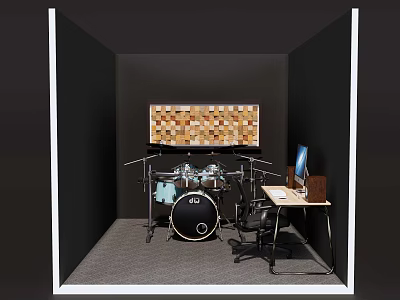 Piano Room With Acoustic Panels Drum Set And Computer Desk 3d model