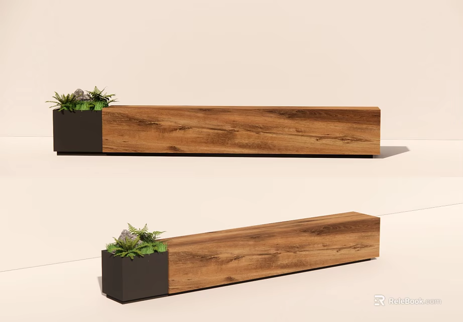 Wooden Landscape Seats With Black Planter And Green Plants For Outdoor Space 3d model 