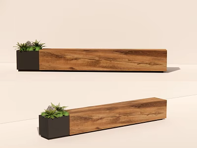 Wooden Landscape Seats With Black Planter And Green Plants For Outdoor Space 3d model