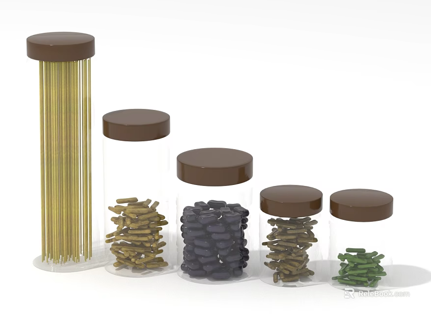 Transparent Glass Jars With Brown Lids Storing Various Colored Food Sticks And Chunks 3d model 