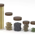 Transparent Glass Jars With Brown Lids Storing Various Colored Food Sticks And Chunks
