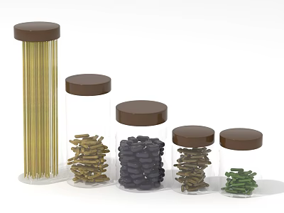 Transparent Glass Jars With Brown Lids Storing Various Colored Food Sticks And Chunks 3d model