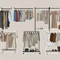 Stylish Neutral Toned Clothes on Open Racks with Shoes Bags and Hanging Outfits