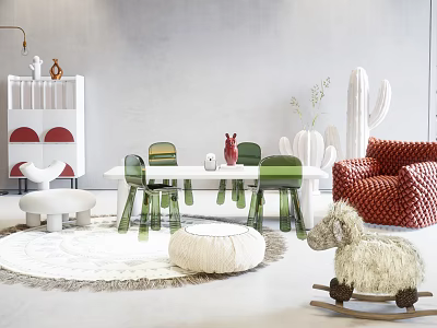 Kids Table With Green Chairs Round Rug And Rocking Sheep Toy In Playroom 3d model