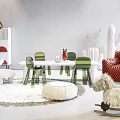 Kids Table With Green Chairs Round Rug And Rocking Sheep Toy In Playroom
