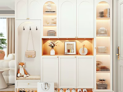 Modern White Shoe Cabinet With Storage Shelves Decorative Hooks Lighting Vase Photo Frame And Ornaments 3d model