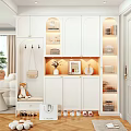 Modern White Shoe Cabinet With Storage Shelves Decorative Hooks Lighting Vase Photo Frame And Ornaments