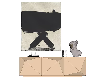 Modern Interior With Abstract Black Wall Art And Geometric Cabinet Decor 3d model