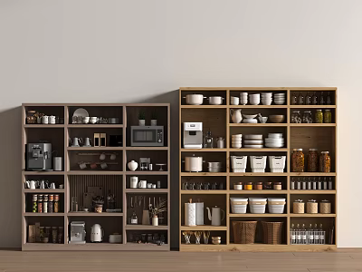 Organized Kitchen Storage With Dark Gray And Light Wood Shelves Holding Dishes Appliances And Containers 3d model