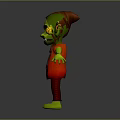 3D Green Fantasy Character With Red Outfit Brown Hat Pointed Ears And Yellow Eyes
