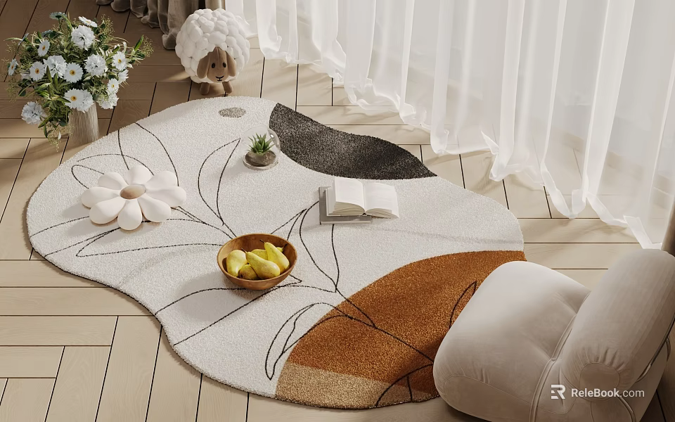 Shaped Stylish Rug With Floral Pattern Small Potted Plant Fruit Bowl And Book 3d model 