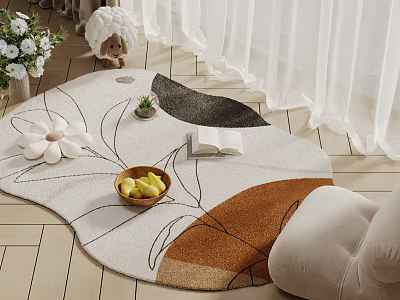 Shaped Stylish Rug With Floral Pattern Small Potted Plant Fruit Bowl And Book 3d model