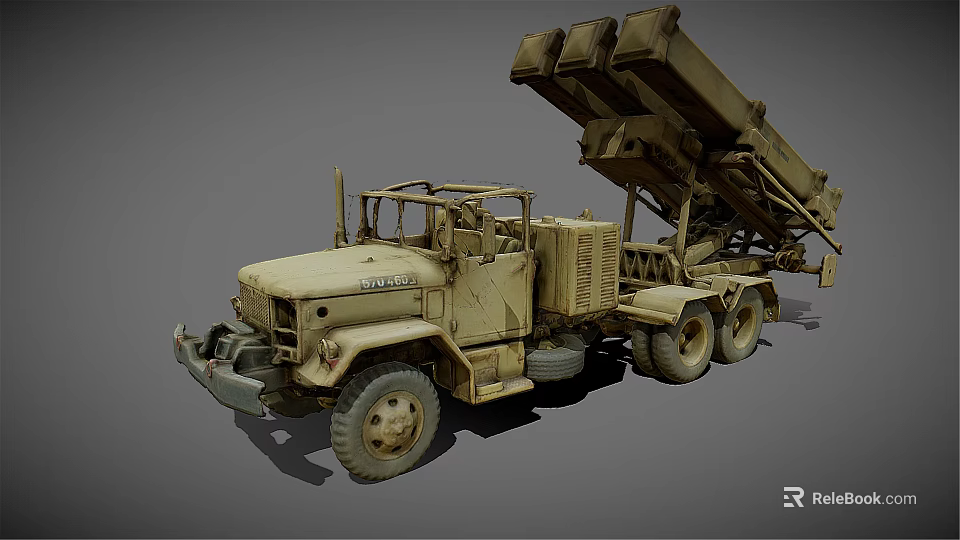 Old Worn Sandy Beige Military Truck With Multi Wheel Launcher System 3d model 