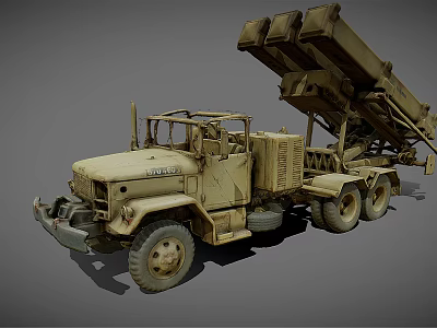 Old Worn Sandy Beige Military Truck With Multi Wheel Launcher System 3d model