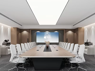 Modern Conference Room Interior With Long Wooden Table White Chairs Large Screen And Wooden Walls 3d model