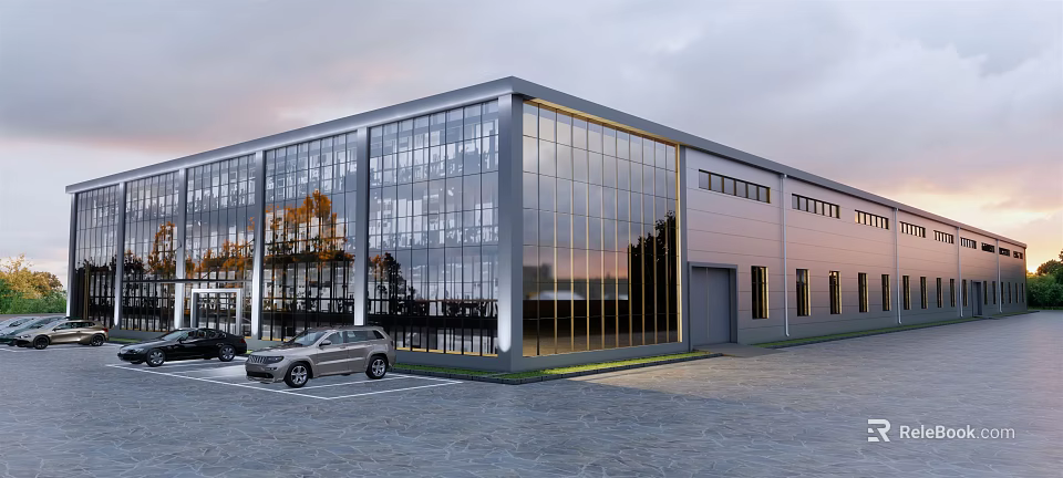 Modern Industrial Factory Exterior With Large Glass Curtain Wall Parked Car And Evening Sky 3d model 