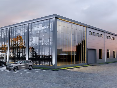 Modern Industrial Factory Exterior With Large Glass Curtain Wall Parked Car And Evening Sky 3d model