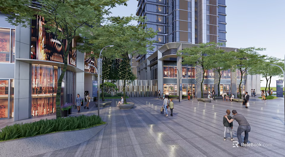 Urban Plaza Landscape With High Rise Buildings Trees Pedestrians And Storefronts 3d model 