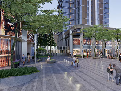 Urban Plaza Landscape With High Rise Buildings Trees Pedestrians And Storefronts 3d model